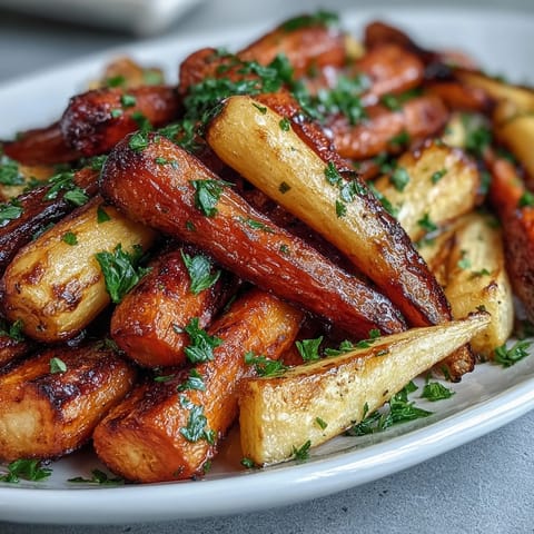 Tłuste marchewki i pietruszki z miodem, pieczone do złotego koloru z aromatyczną glazurą.