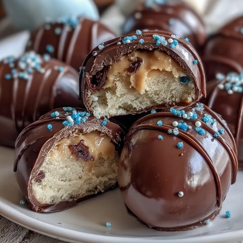 Słodkie jajka z masłem orzechowym w ciemnej polewie czekoladowej, idealne na świąteczne przyjęcia.