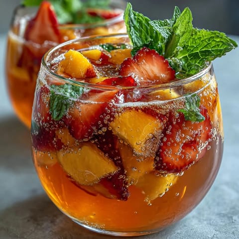 Oświezająca bezalkoholowa sangria z mango i brzoskwinią, pełna soczystych owoców i sycących barw.