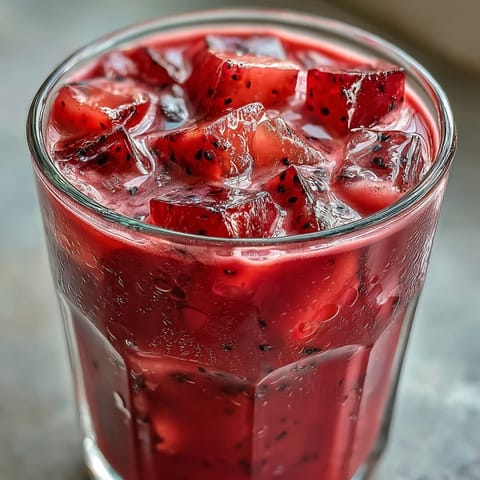 Mango Dragonfruit Starbucks Refresher at Home - Vivid pink tropical drink with fresh dragonfruit cubes and mango slices over ice.