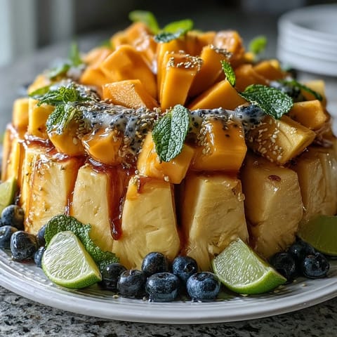 Tropikalne mango i ananas na talerzu: kolorowa aranżacja świeżych owoców tropikalnych.