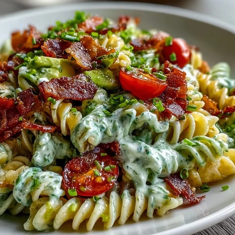 Kolorowa sałatka makaronowa z kruchym bekonem, pomidorami i świeżą sałatą, polana kremowym sosem awokado ranch.