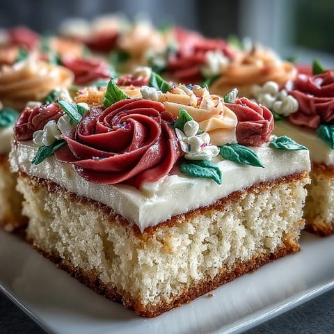 Pyszny tort arkuszowy na urodziny z buziakami z kremu masłowego, ozdobiony kolorowymi kwiatami na tle puszystego biszkoptu waniliowego.