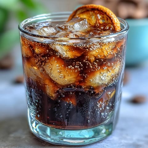 Odwieźny napój z zimną kawą, tonic i świeżą pomarańczową skórką, podawany z lodem.  