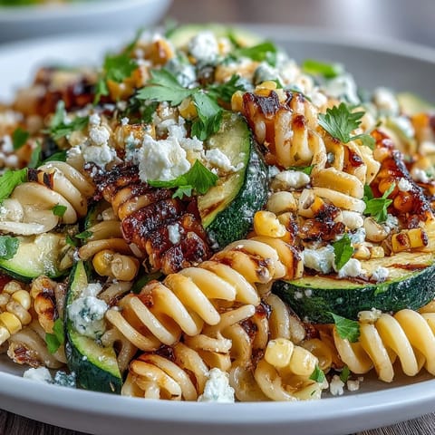 Witalna sałatka letnia z makaronem, grillowanym cukinii, słodkim kukułcem i sytym serem Cotija w syciej limonkowej.  
