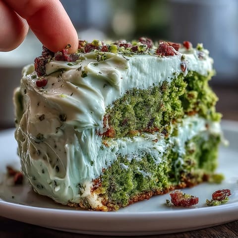 Mini ciastko matche w stylu smash cake z eleganckimi warstwami i kremowym posypką.  