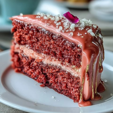 Bridal Shower Rosé Velvet Cake with Gold Drip: elegant pink velvet cake infused with rosé wine, finished with shimmering gold drip, perfect for a bridal celebration.