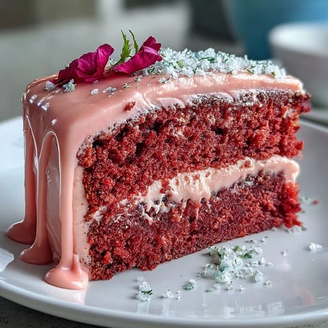 Rosé-infused pink velvet cake layers with smooth buttercream and shimmering gold drip, a stunning centerpiece for bridal showers and weddings.