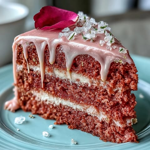 Elegant pink velvet cake infused with rosé wine, adorned with a shimmering gold drip for bridal shower celebrations.