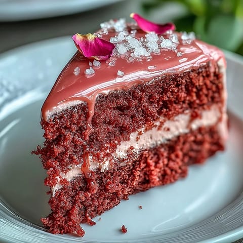Bridal shower centerpiece: rosé velvet cake with delicate pink hue and luxurious gold drip decoration.