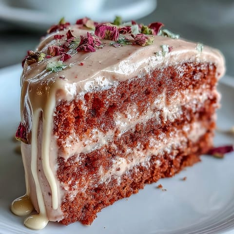 Elegant pink velvet cake infused with rosé wine, frosted with creamy cheese frosting and finished with a luxurious edible gold drip for bridal celebrations.  