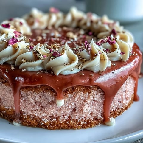 Delicate rosé velvet cake with blush pink frosting, crowned by shimmering edible gold drip, perfect for bridal celebrations.  