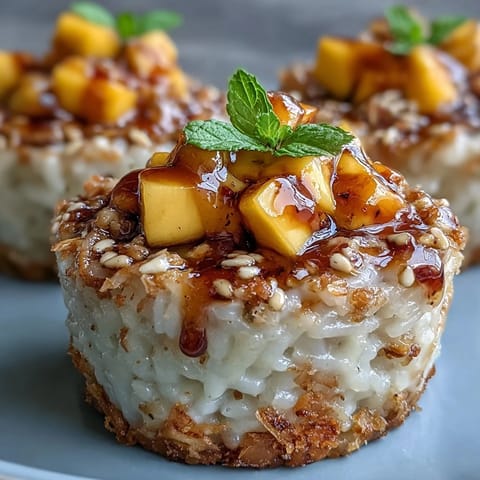 Kokosowo-mango ryż kleisty w eleganckich kubkach, gotowy do degustacji z miodowym mango.