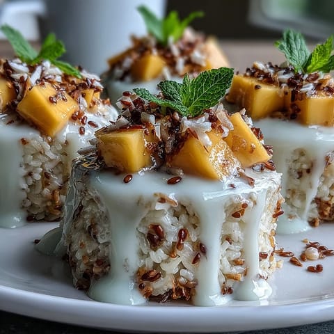 Kremowe kubeczki z ryżu kleistego z mango, zwieńczone słodkim mleczkiem kokosowym.