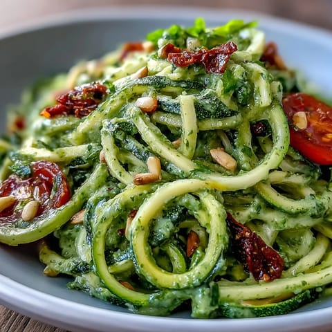 Jasno zielony makaron z cukinii z kremowym pesto z awokado i orzeszkami pinii.