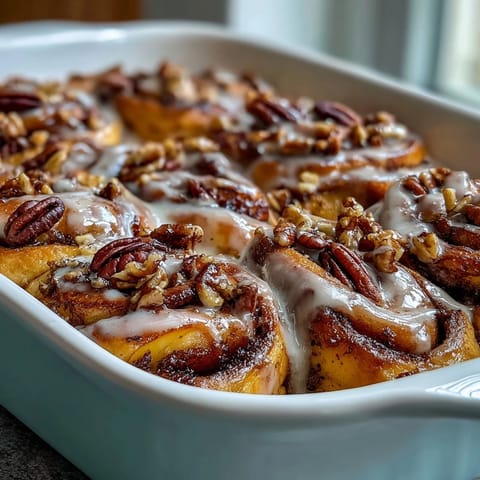 Łakoci Peach Cobbler Cinnamon Roll Casserole, z rozpływającymi się kawałkami brzoskwiń i syropem.