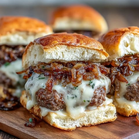 Francuska zupa cebulowa burger ślizgawki: stopiony ser, lepka cebula, idealna do podzielenia.
