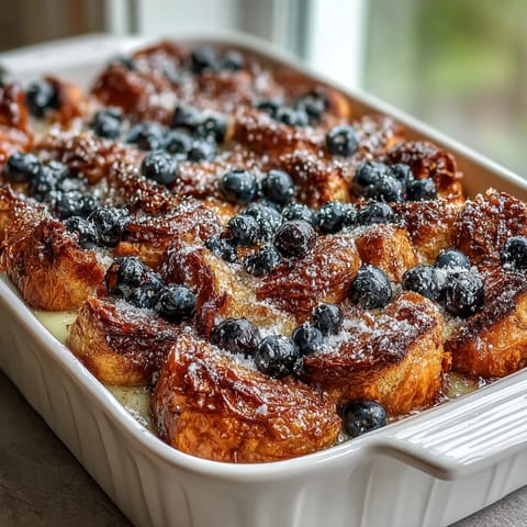 {{Lemon Blueberry Croissant French Toast Bake - złocisty i puszysty, pełen jagód i cytrynowej skórki.