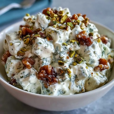 Kremowa Sałatka z Budyniem Pistacjowym i Serkiem Wiejskim, idealna na potluck.