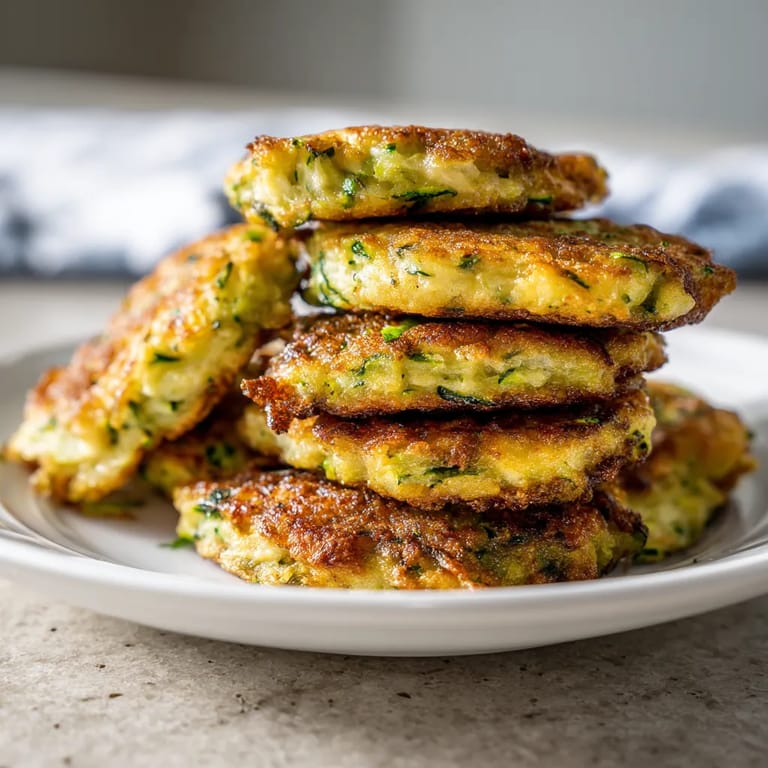 Na tle szarości, na białym talercie, stoi paczka z kilkoma mini zucchini fritterami.