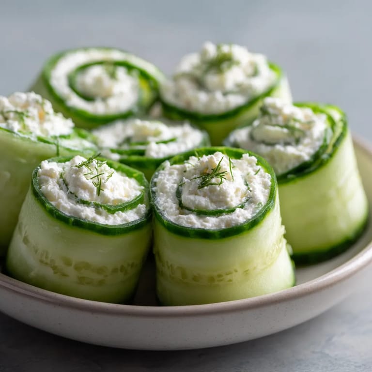 Na tle szarości wisi biały talerz, w którym są złożone cucumber roll-ups z cream cheese.