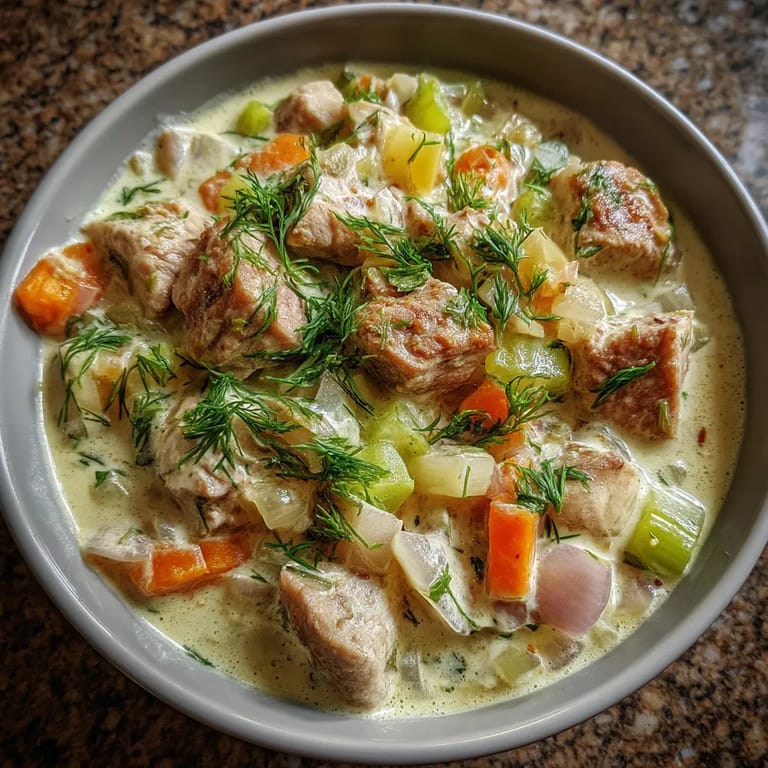 W misce na tle kantu stoi miska z mięsem, ziołami i warzywami, w tym ziołami dill. W misce dominuje mięso, a ziołami dill, które są rozłożone w całym obrazie.