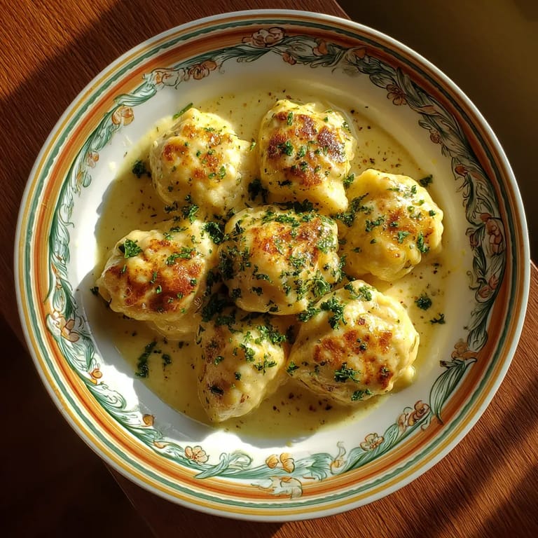 Na tle słoneczny dzień, na talerzu z pięknymi Silesian dumplingami z serem, które są gotowe do podania. Wokół talerza, pięć zróżnicowanych dumplingów, które są gotowe do podania. Wszystkie dumplingi są wygodne i przyciągają uwagę.