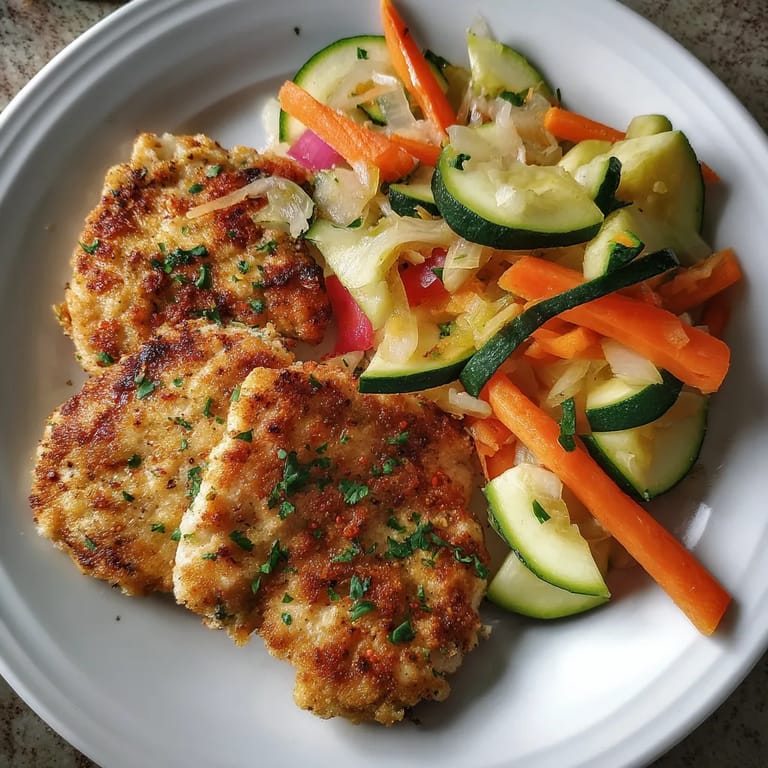Na tle zielonego koloru, na białym talercie, stoi pyszne porcja smażonych kotletów z kurczakiem w środku. Warzywami towarzyszą różne rodzaje smażonych warzyw, takie jak cukinia, papryka i ziemniaki. Całość jest przytulona, a kolory są żywe i ciekawe.