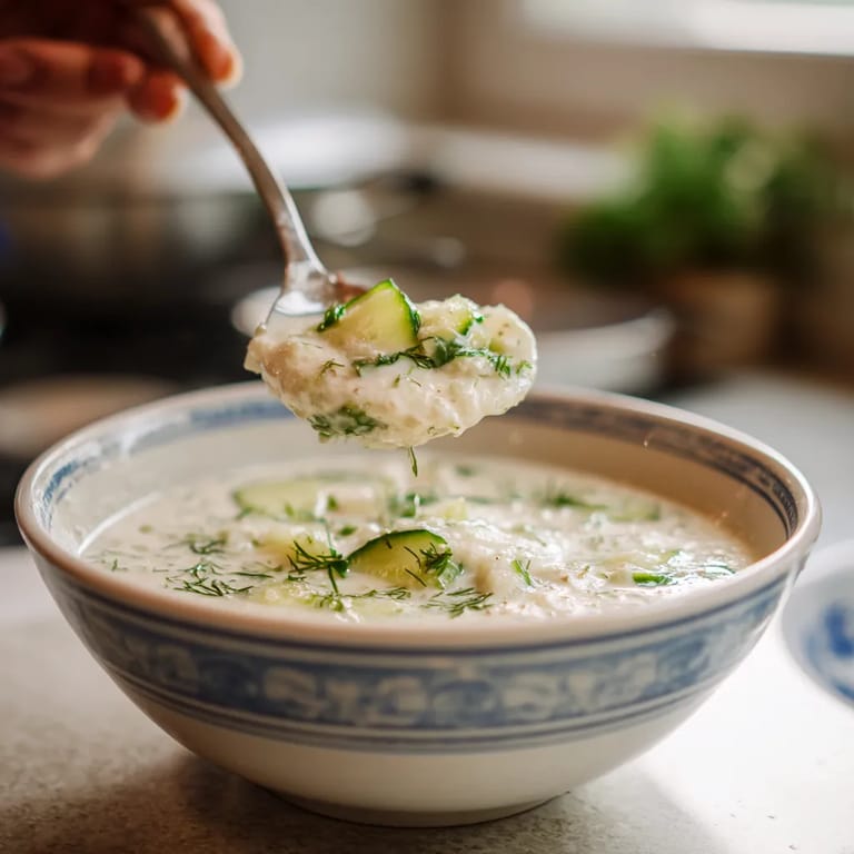 Obraz przedstawia osobę, która wkracza do misy zawierającej chłodnik z ogórków i jogurtu naturalnego.