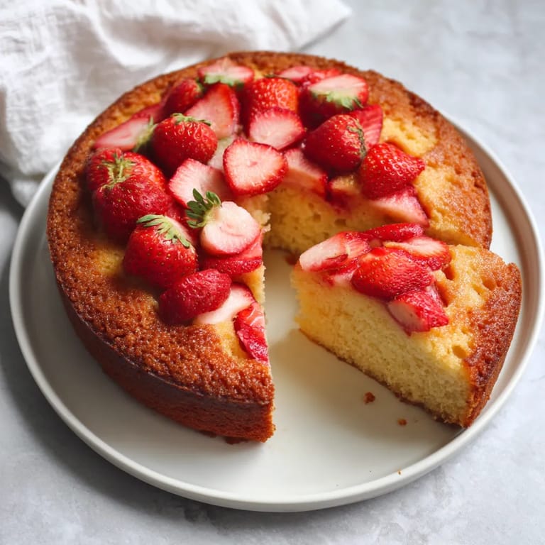 Na tle szarości stoi ciasto jogurtowe z truskawkami.