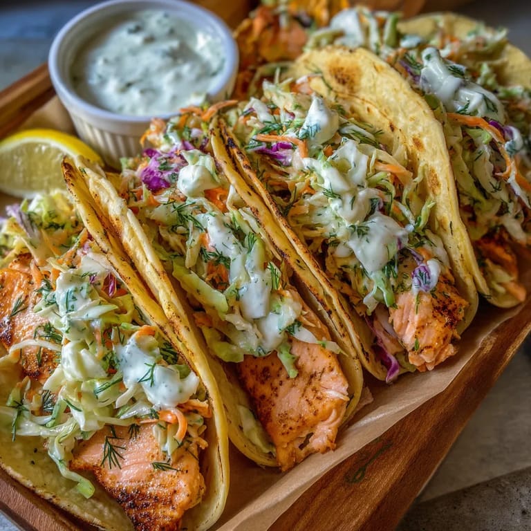 Obraz przedstawia serię grilled trout tacos z dodatkiem sosu z sałaty i kremu horseradisha.
