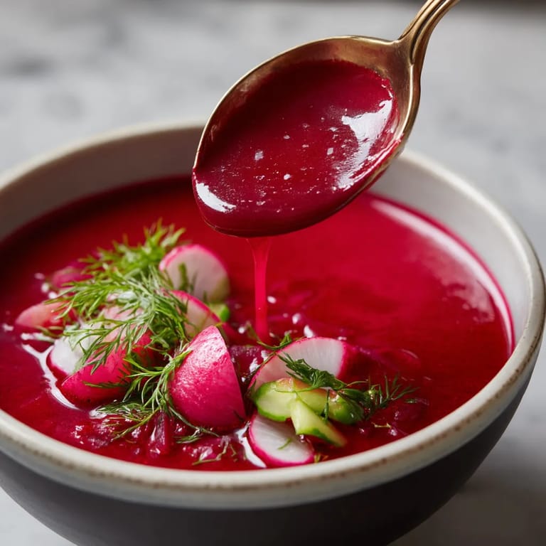 Chłodnik (Cold Beet Soup) w misce z dodatkiem cukru.