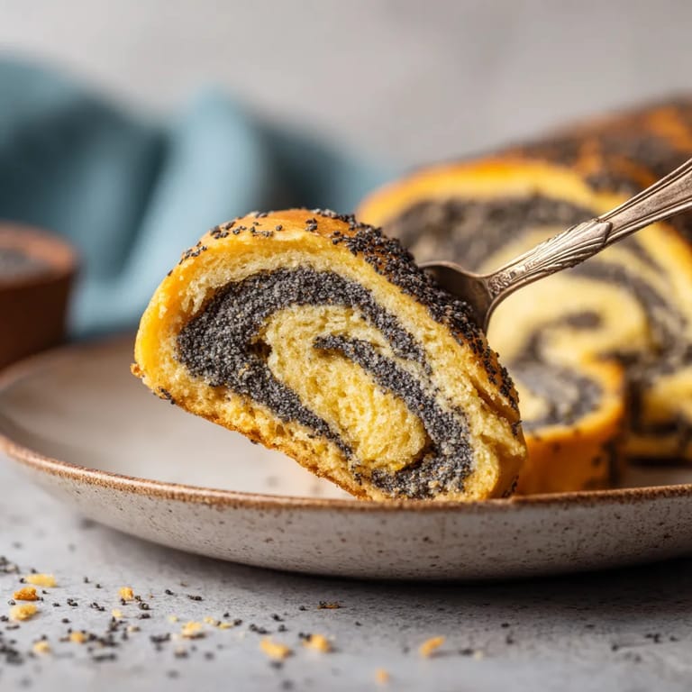 Obraz przedstawia makowiec (Poppy Seed Roll) na talerzu, który jest rozcięty na kawałki.