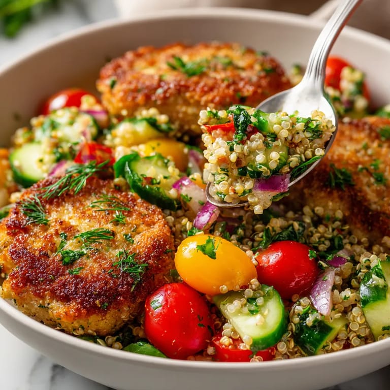 W misce złożonej z różnych składników, takich jak kotlety z quinoą, cukini, pomidor, cebula, ziemniaki.