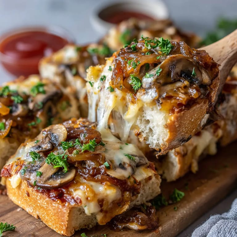 Obraz przedstawia sourdough zapiekankę z dodatkiem pieczarki i cebulki w sosie.