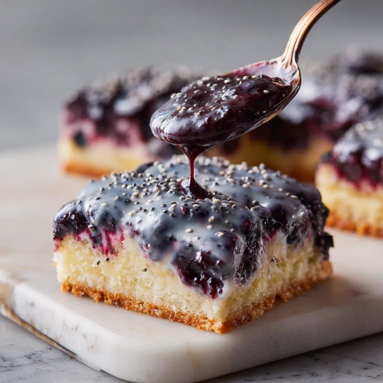 Widać się ciasto z jagód blueberry i nasionami papryki. Ciasto jest podzielone na kilka kawałków, a każdy kawałek jest pokryty ciemnoczerwonym sosem. Ciasto jest przytłoczone, co daje mu wyraziste wyglądy.