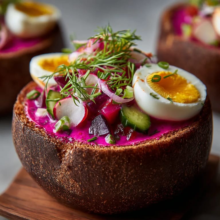 W obrazie przedstawiony jest chłodnik w misce, który zawiera wiele składników.