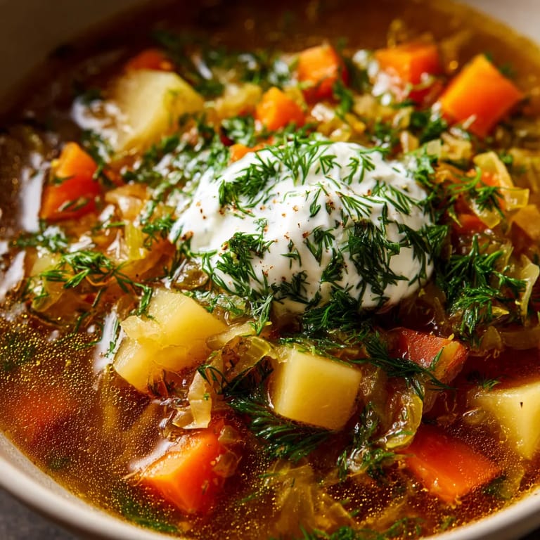 W misce zupy ogórkowej, która zawiera wiele różnych składników.
