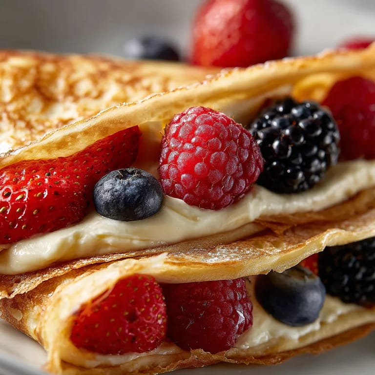 Naleśniki z serem i owocami, takimi jak jabłka i borówki, są pokryte świeżym serem i owocami.