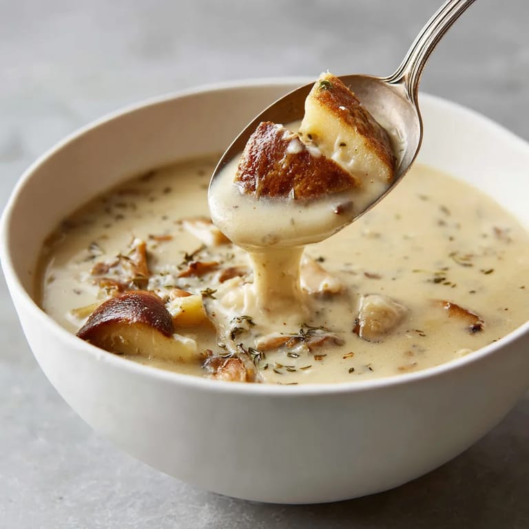 W misce zupy z kiszonej kapusty i grzybów, w której znajdują się również jagody, wersja kremowa.