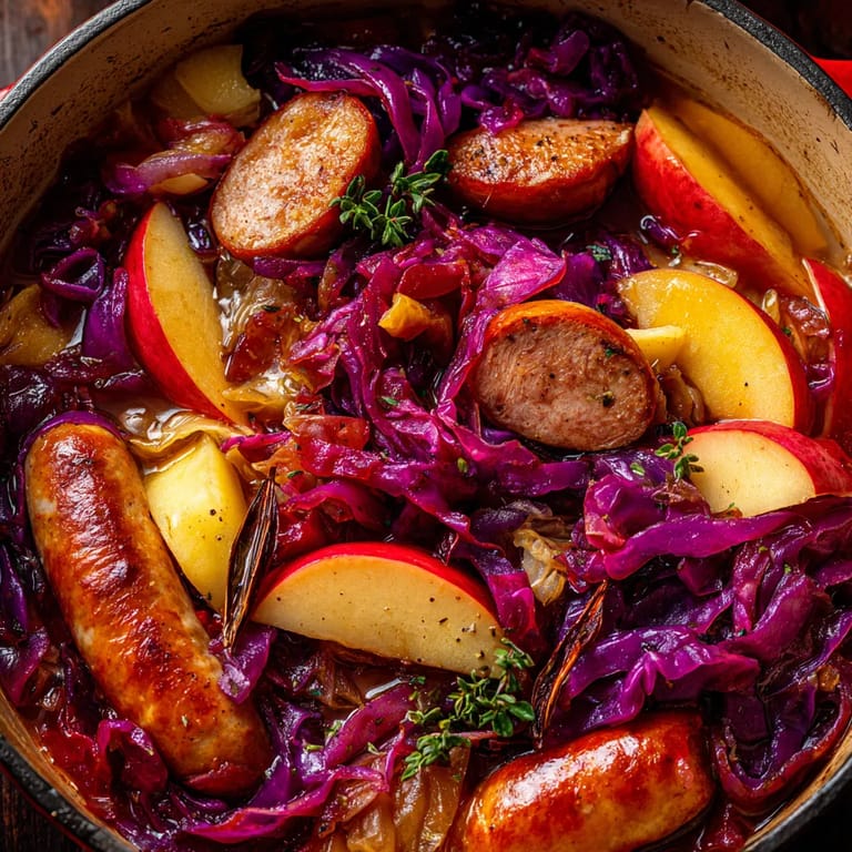 W misce z kiełbasą duszoną, czerwoną kapustą i jabłkami.