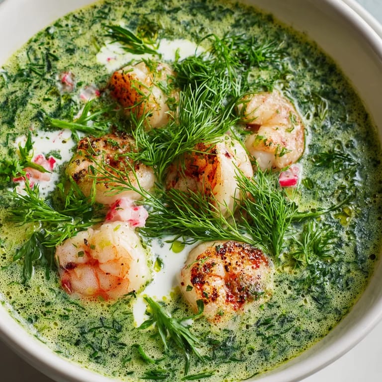 W misce zupy koperkowej z grillowanymi krewetkami i cytrynową śmietanką.