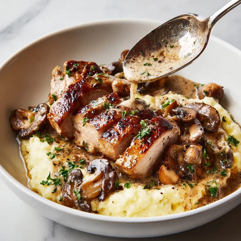 W misce z polędwiczką wieprzową glazurowaną miodem z sosem kurkowo-porto.