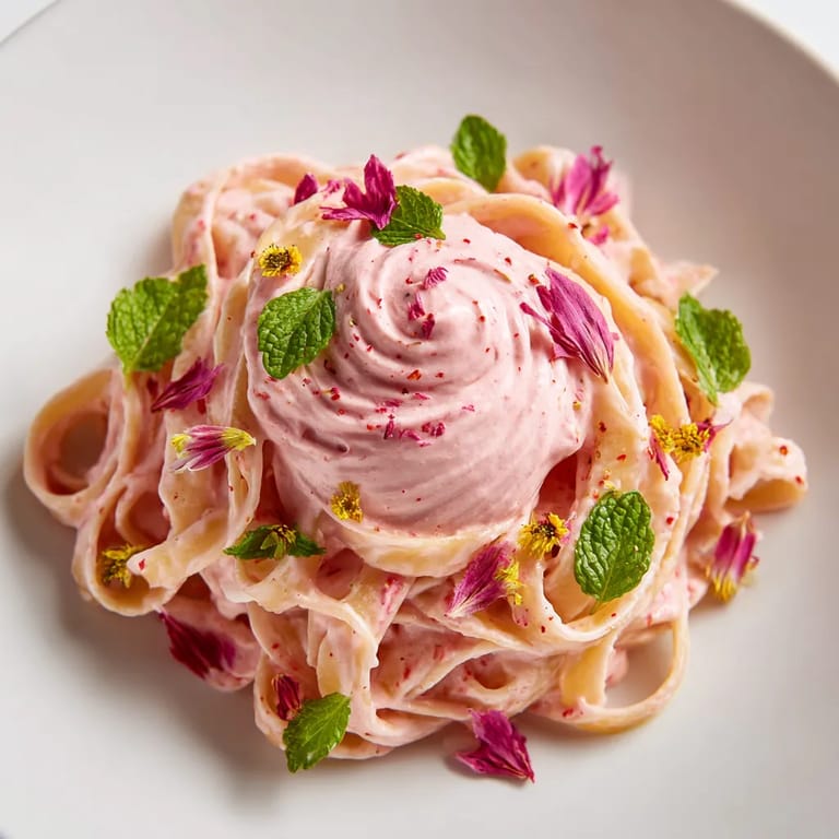 Na tle białego talerzu stoi pękate makaron z truskawkami i różowym jogurtowym swirl. Na makaronie są też różowe pikiety.