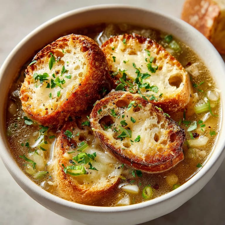 W misce zupy francuskiej zupy czosnkowej, w której są m.in. chlebki, słodycze i ząbki.