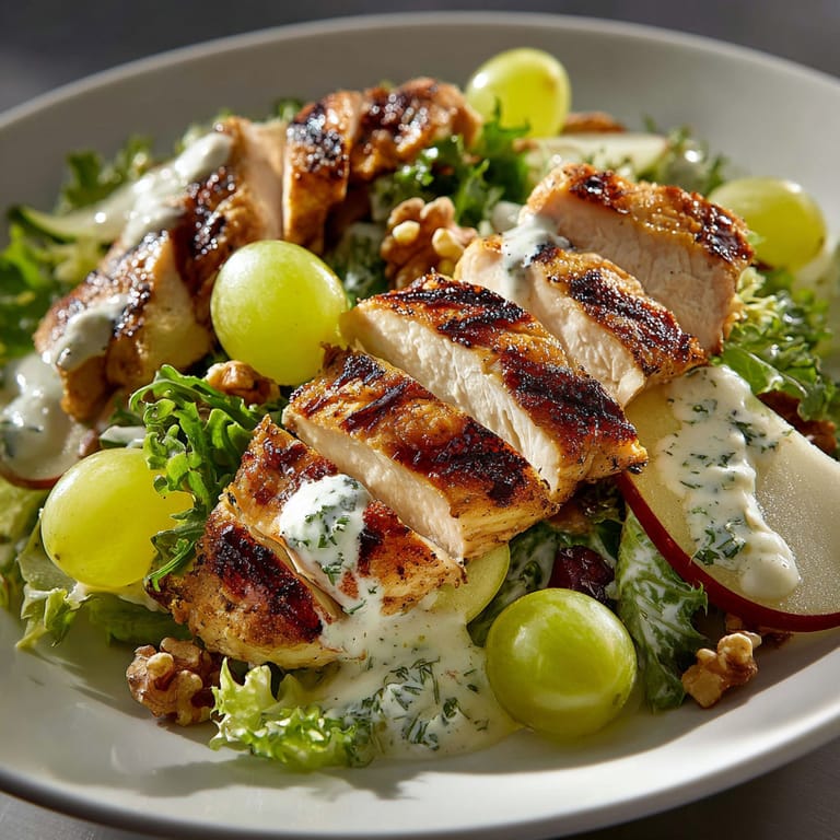 A plate of food with chicken, grapes, and lettuce.