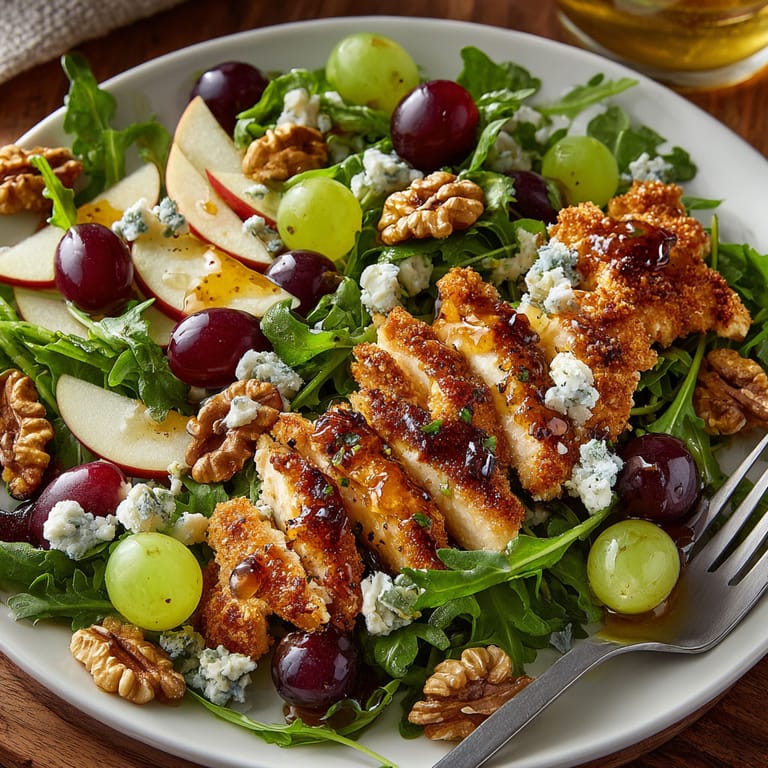 A plate of food with chicken, grapes, and blue cheese.