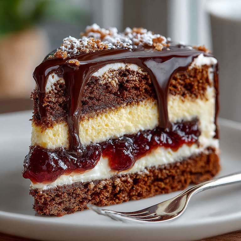 A slice of chocolate cake with chocolate drizzled on top.