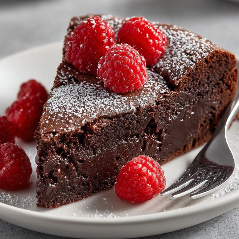 A slice of chocolate cake with raspberries on top.
