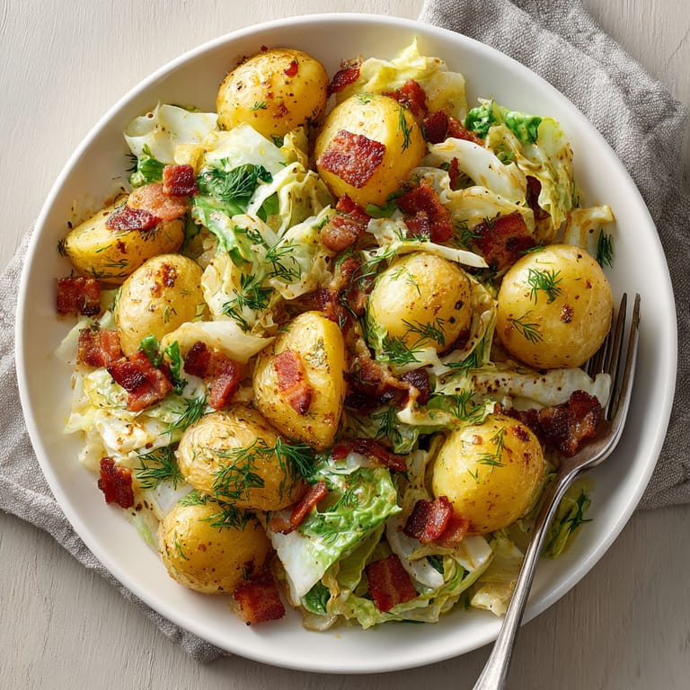 A bowl of food with bacon and potatoes.